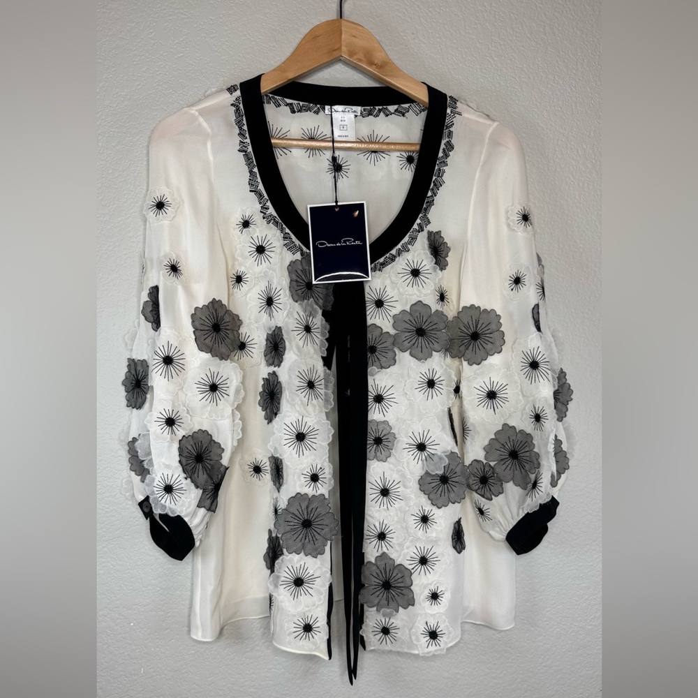 Oscar de la Renta Silk Embroidered Blouse Women’s‎ US 6 Cream/Black 100%  Floral